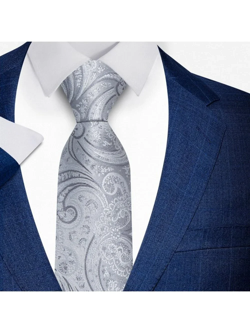 Mens Silver 100% Microfiber Paisley Jacquard Formal Classic Necktie For Business